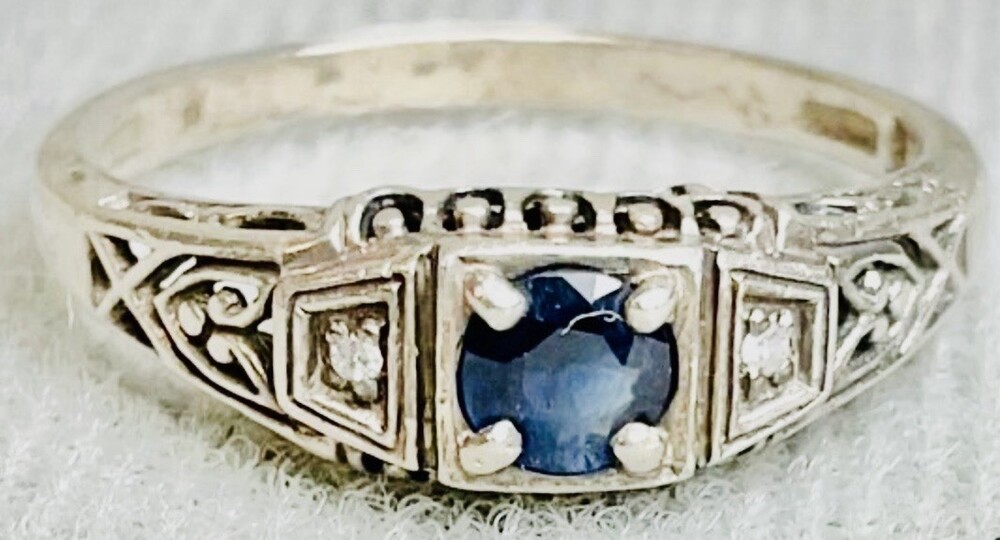 Vintage Sterling Silver Blue Spinel Diamond Ring Art Deco Filigree Estate Size 7